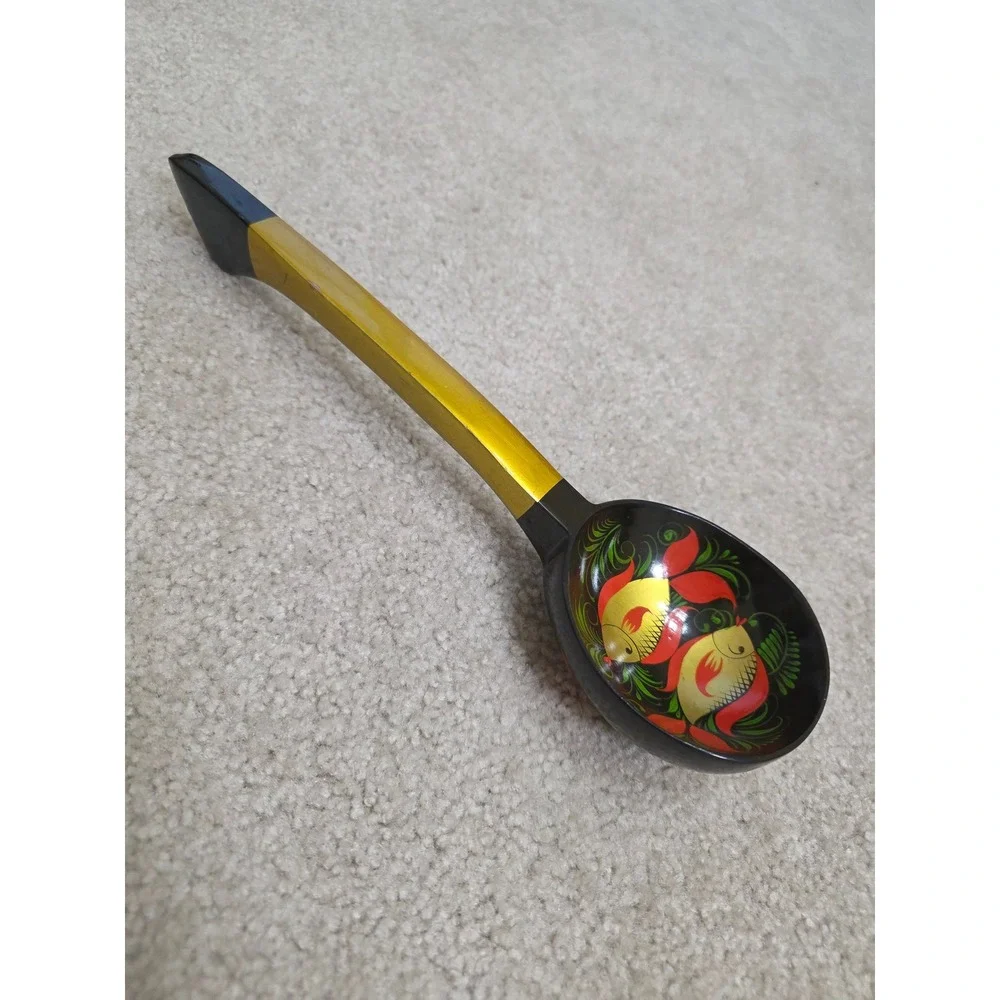 Vintage Russian Khokhloma Wooden Spoon Hand Painted Fish Folk Art Lacquer 14Inch